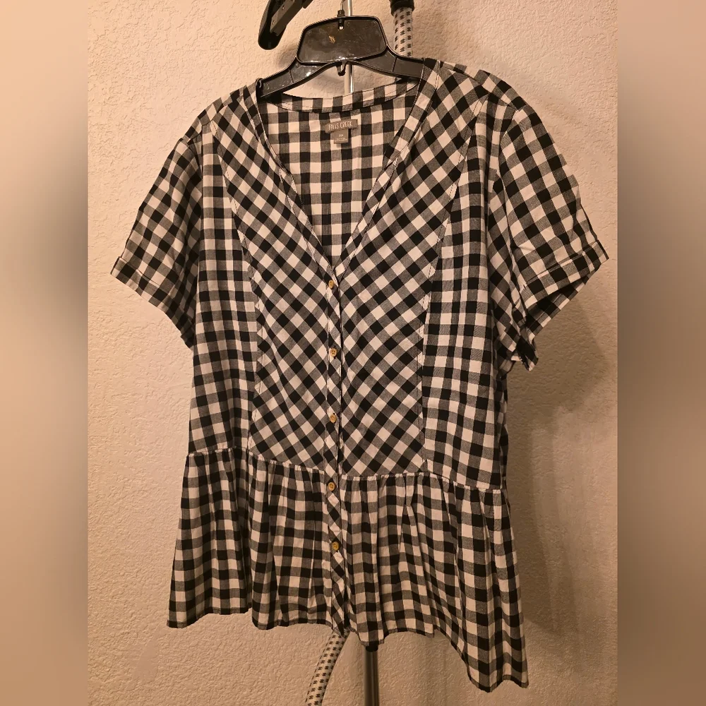 Black and White Gingham Button-Front Peplum Shirt Top Cotton Rayon Women's 2x - Picture 8 of 8